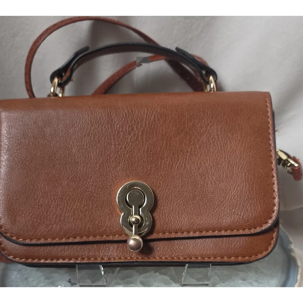 Crossbody Brown Gold Hardware Top Handle Satchel with Detachable Strap & Clasp