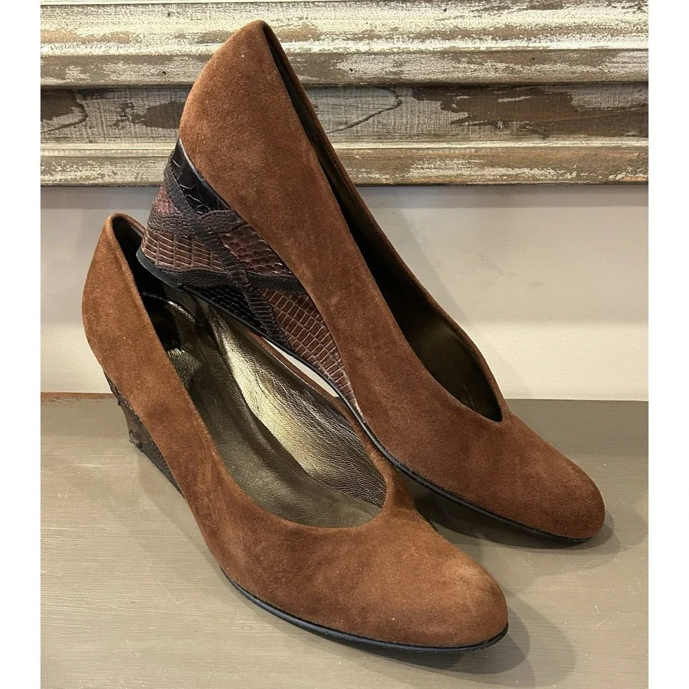 Stuart Weitzman Brown Suede Textured Mix Animal Print Wedge‎ Heel Size 7.5N