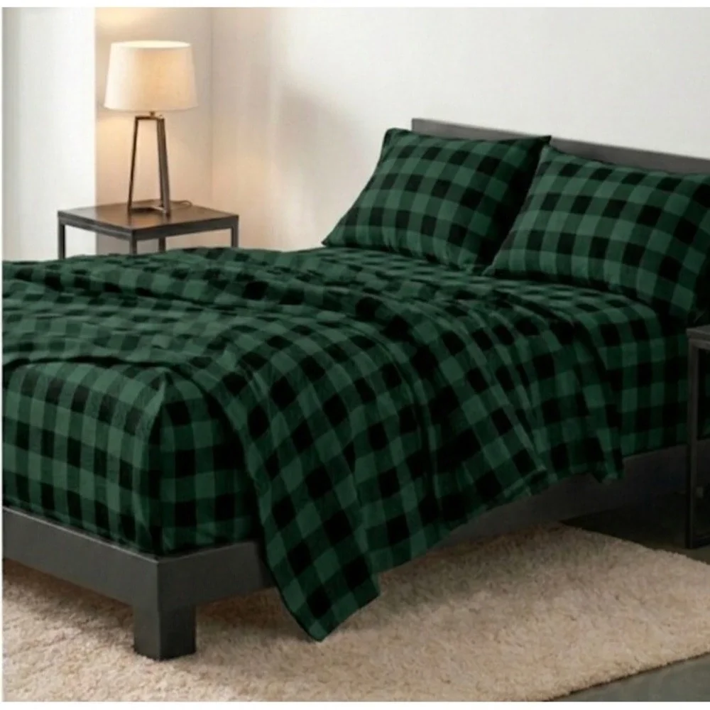 Bare Home Flannel Sheet Set Full 100% Cotton Green‎ Black Buffalo Plaid 4 Piece