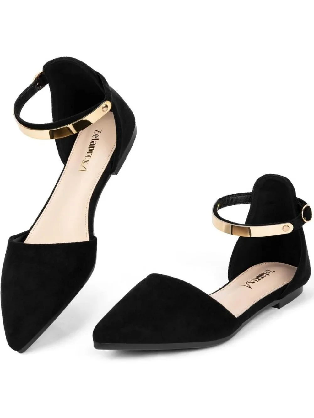 Women's Black Suede Pointed Toe Flats Fancy Gold Ankle Strap Rhinestone Shoes
