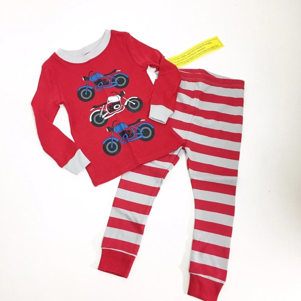 2T Toddler Boys Motorcycle Pajamas Long Sleeve Shirt Pant PJ Set Red Gray Stripe