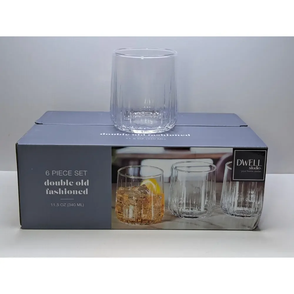 Dwell Studio 6 Pc Ribbed Double Old Fashioned Glass Set 12.85 Oz NIB