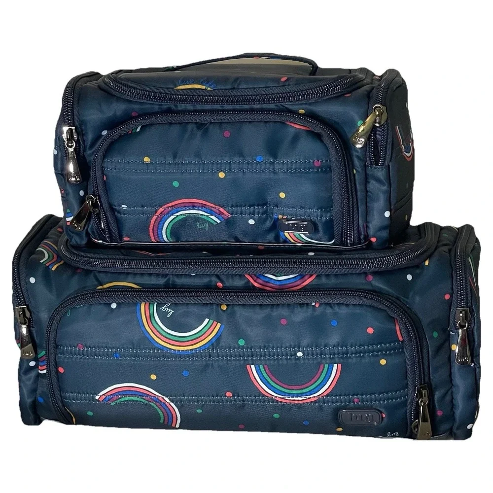 Lug‎ Rainbow Navy Cosmetic Travel Trolley Case Set Nested Makeup Bags EUC