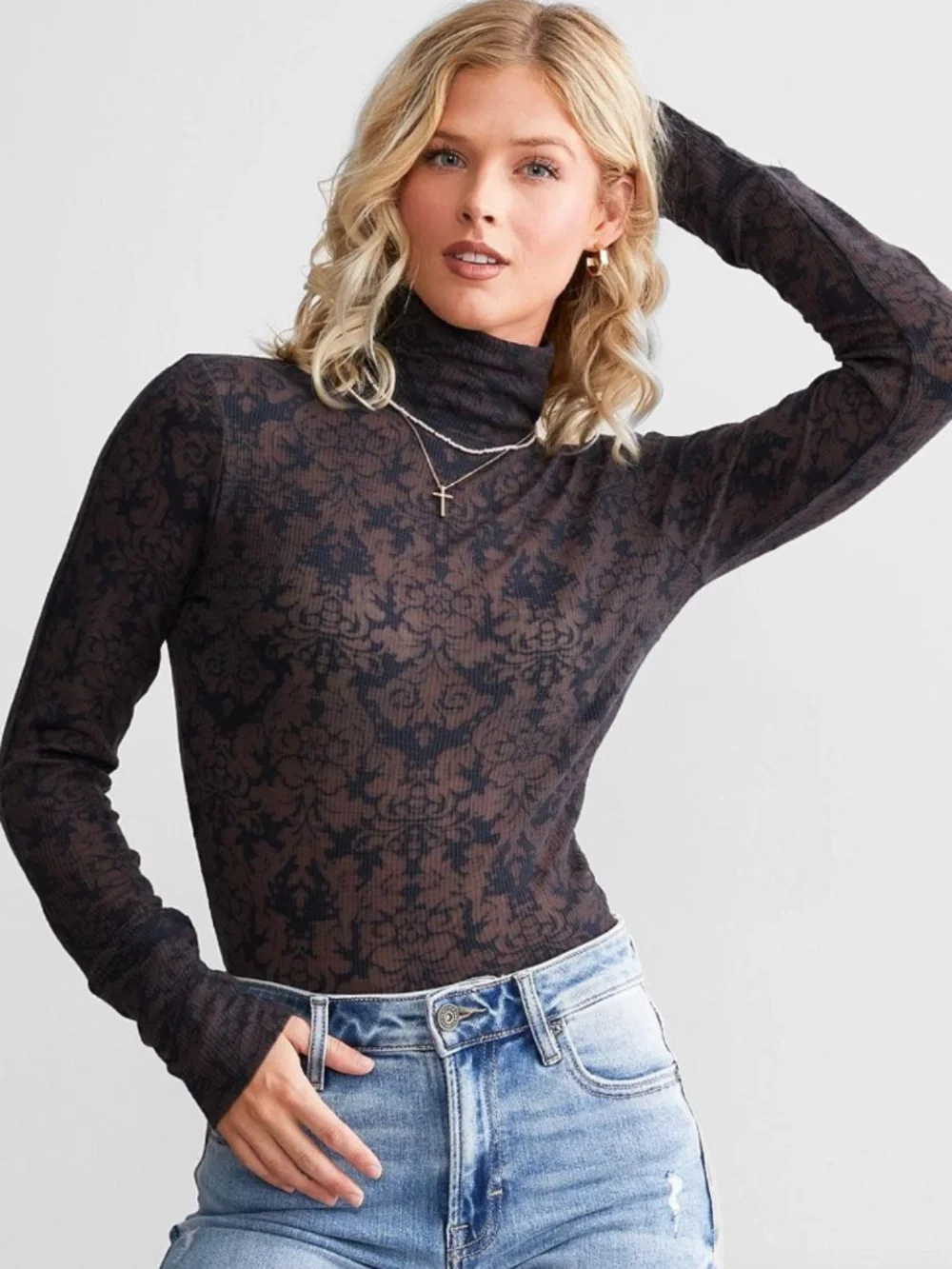 NWT Free People You & I Turtleneck Top Semi Sheer Long Sleeve Blouse Brown Black