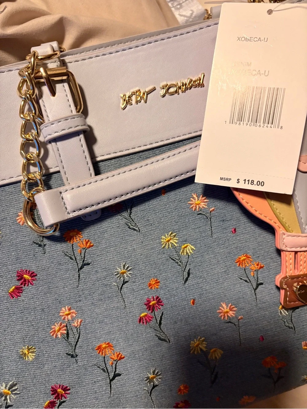 Betsey Johnson Denim Floral Satchel with Pastel Hot Air Balloon Charm NWT 💐