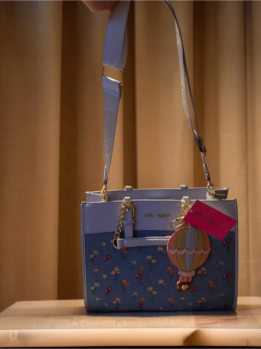 Betsey Johnson Denim Floral Satchel with Pastel Hot Air Balloon Charm NWT 💐