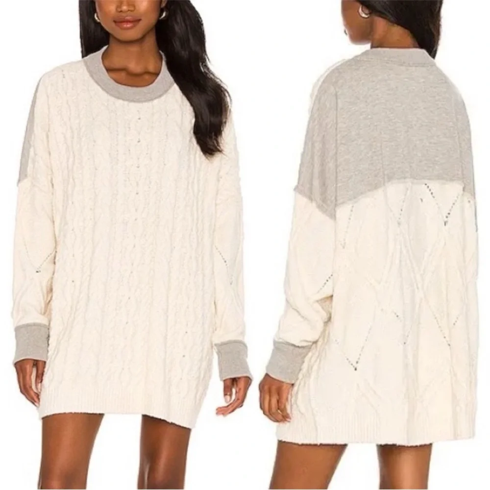 Free People Olympia‎ Oversized Cable Knit Sweater Cream Gray Size XS