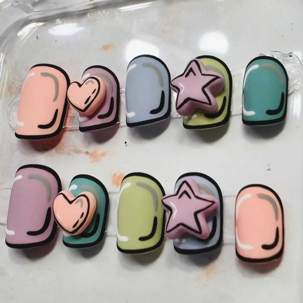 3D Pop Art Cartoon Press On Nails Kawaii Pastel Heart & Star Size Small