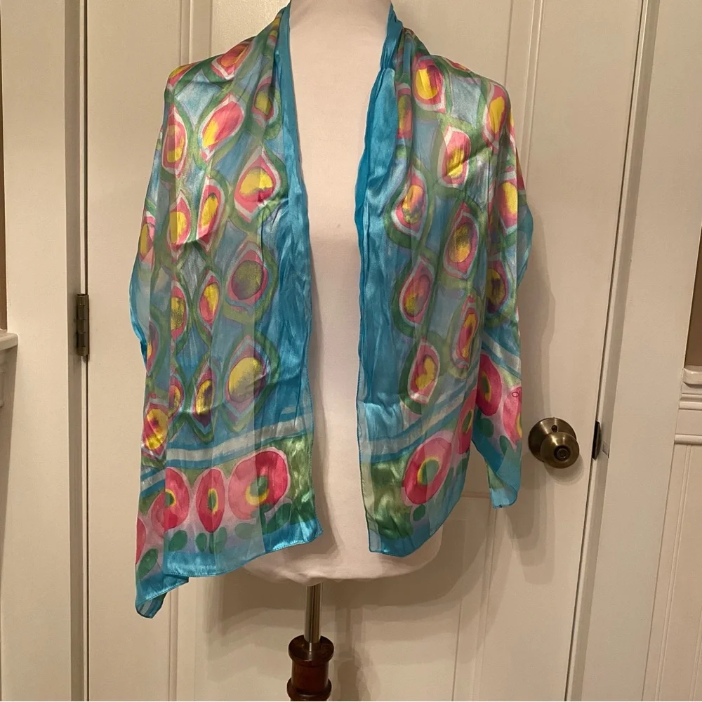D’ESTE SCARF SILK ITALY BLUE PINK YELLOW GREEN FLORAL LONG RECTANGLE