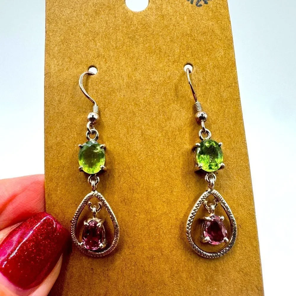 Stunning peridot and pink‎ tourmaline in sterling silver dangle earrings!!