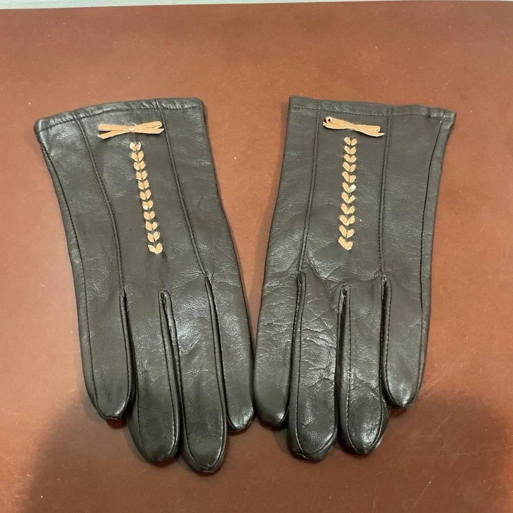 Merona Womens Brown Leather Gloves‎ With Stitching Accents Size S/M Classic