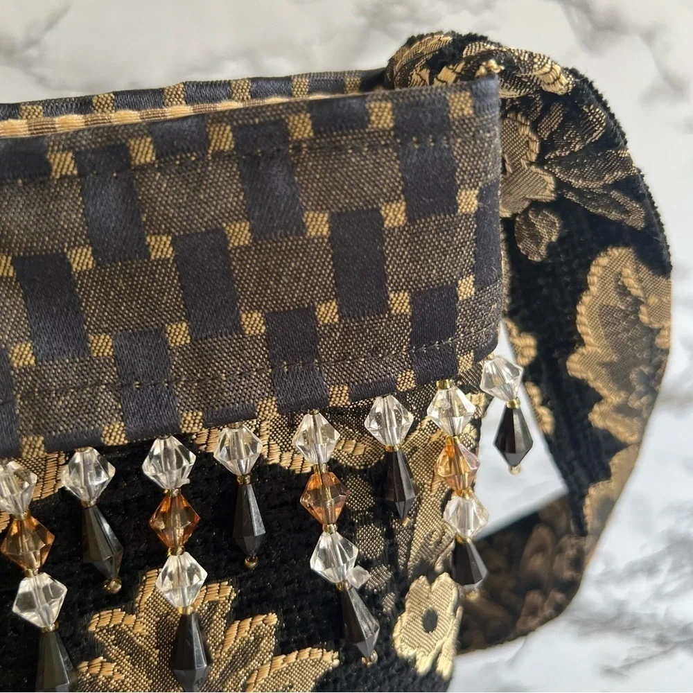 Bag Crossbody Shoulder Artisan Brocade Black Gold Metallic Beaded Tapestry