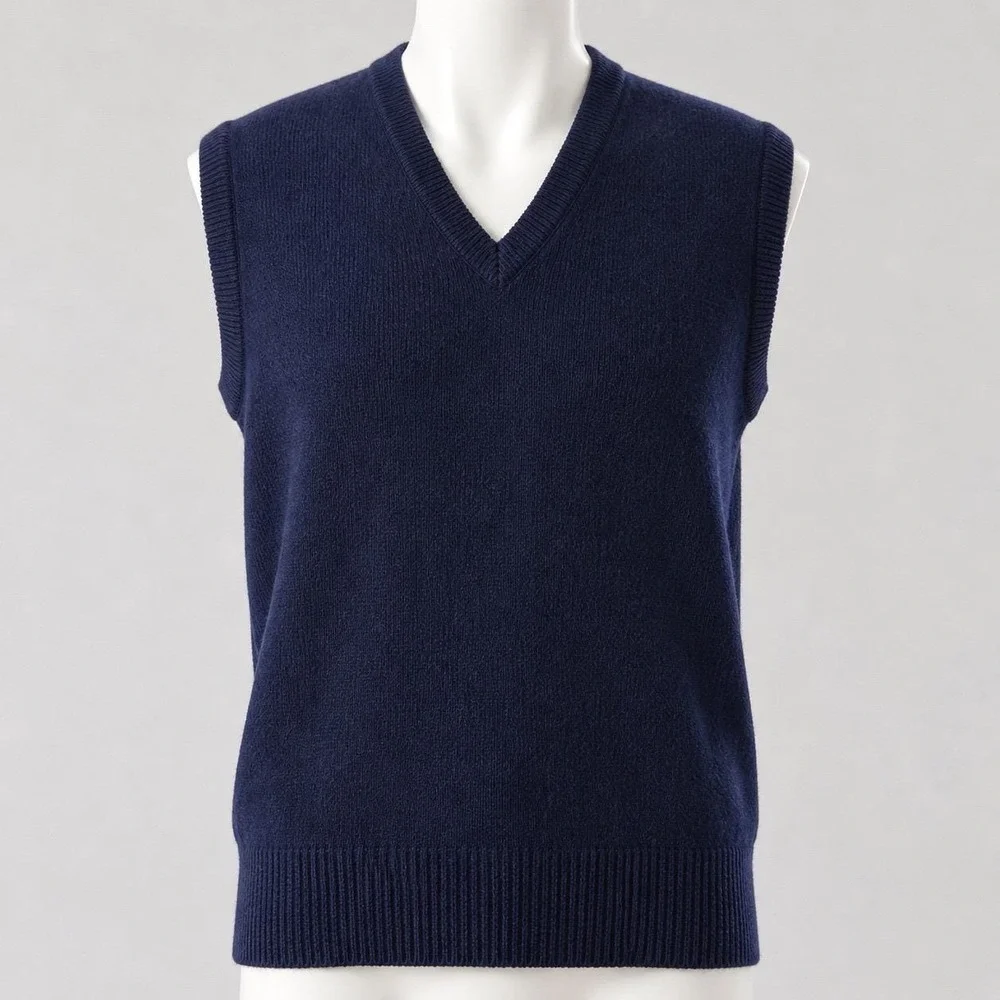 LL Bean Navy Blue Lambswool V-Neck Sweater Vest Vintage‎ Made in USA Large Tall