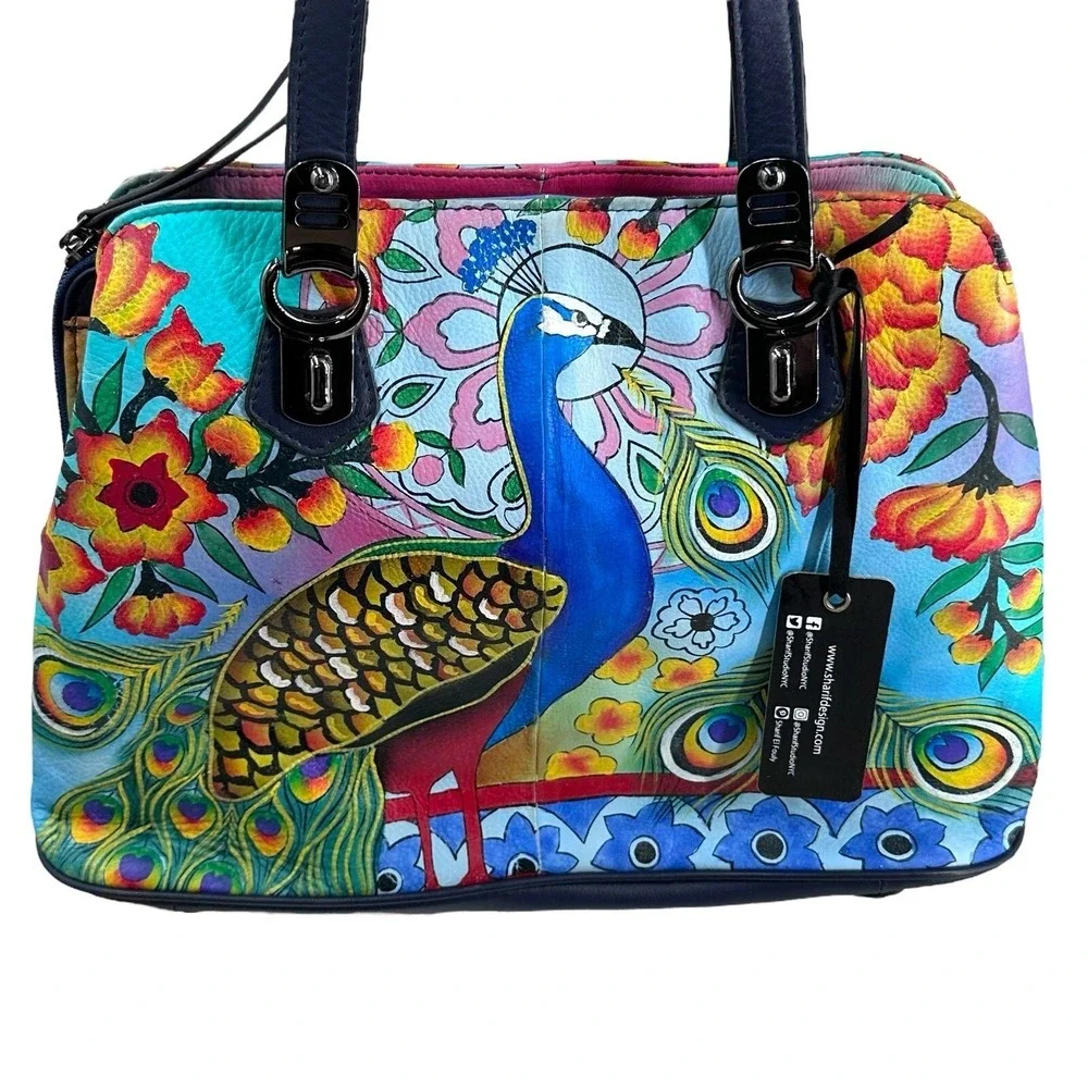 Sharif Hand‎ Painted Genuine Leather Art Deco Handbag & Matching Makeup Pouch