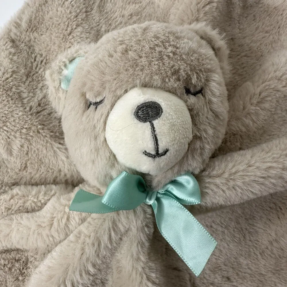 Kellytoy Brown Sleeping Bear‎ Security Blanket Baby Toddler Lovey Green Bow Soft