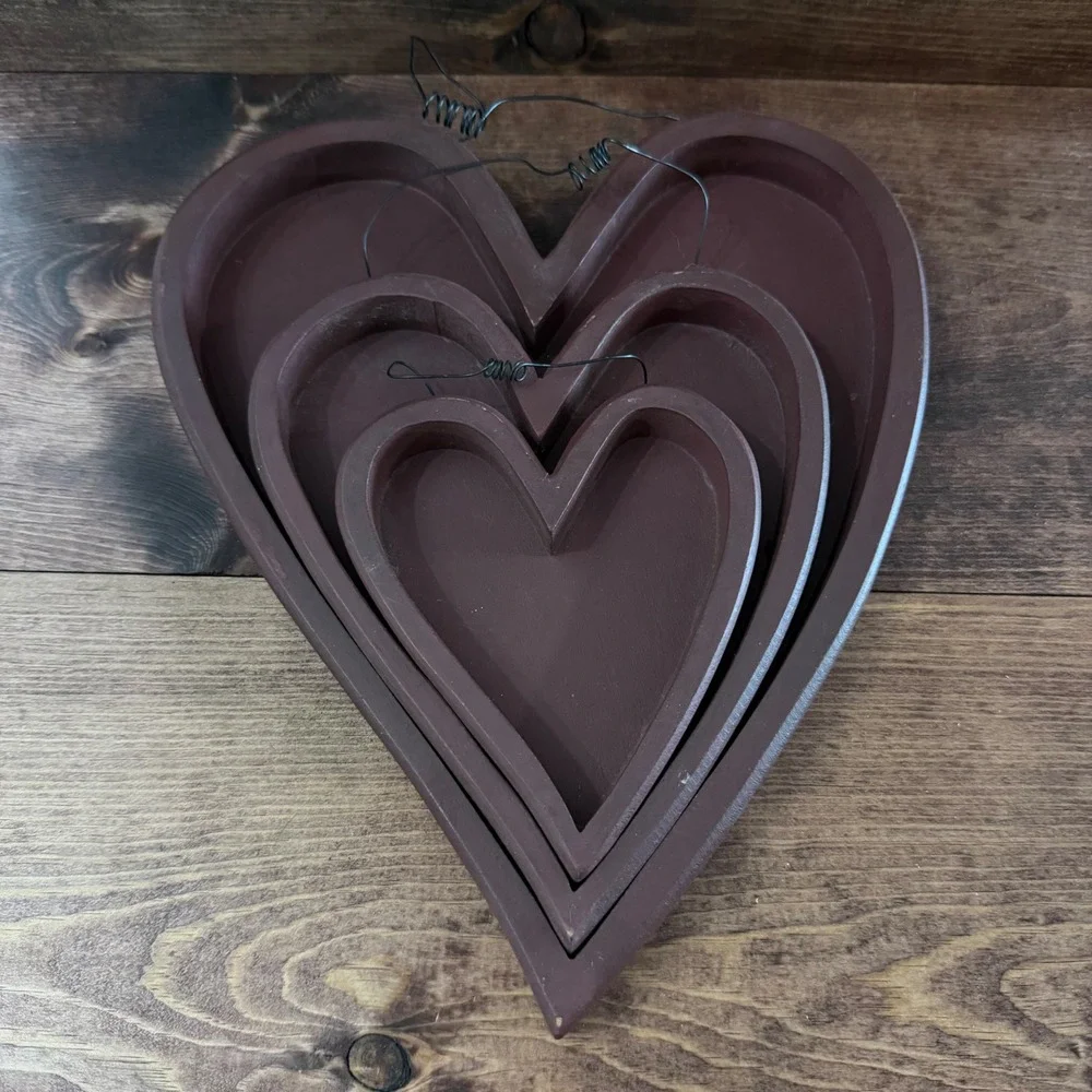 Nesting Wooden Heart Wall Decor Set 3 Piece Primitive Rustic Burgundy Farmhouse