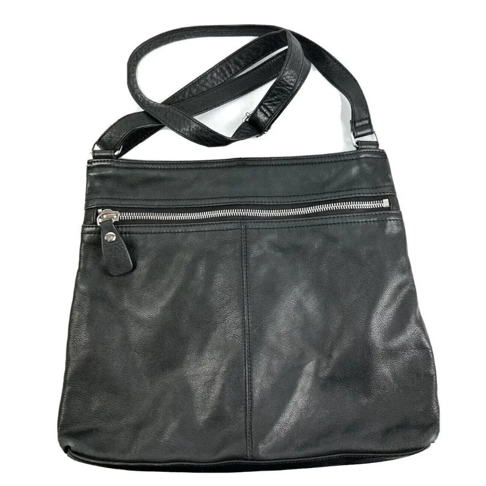 Margot Crossbody Bag Double Zip Black Leather Handbag Silver Accent‎ Purse