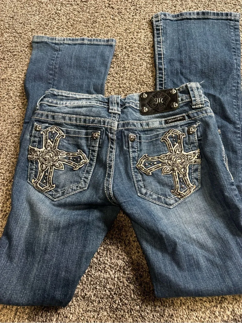 Miss Me Dark Blue Boot Cut Jeans with Embroidered Cross Pockets