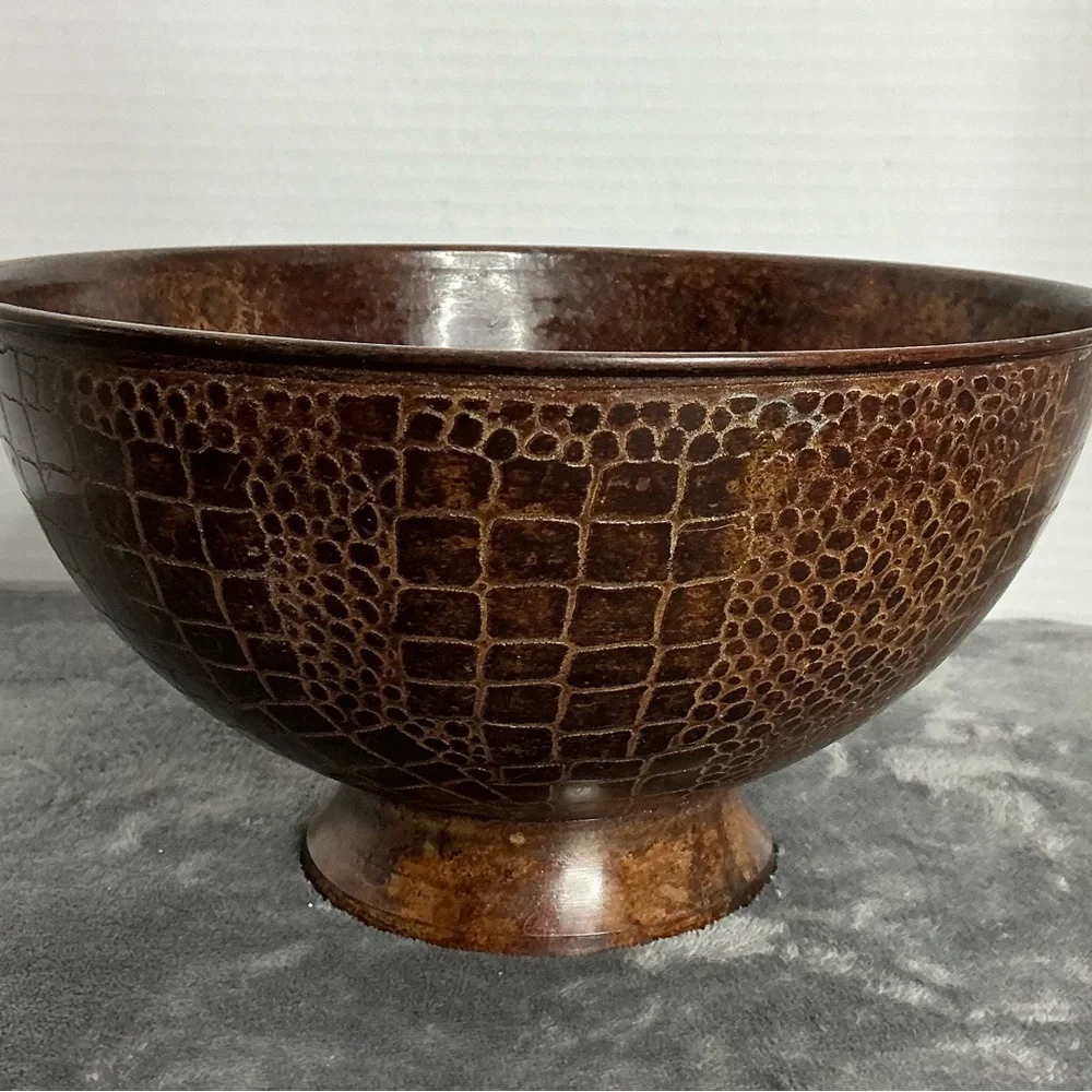 Decorative Brown Etched Metal Bowl Textured Pattern Pedestal‎ Base Made in India