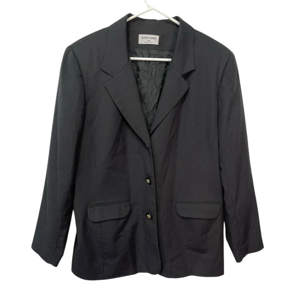 Alfred Dunner 16 Black Blazer‎ Three Button Flap Pockets Vintage Dark Academia