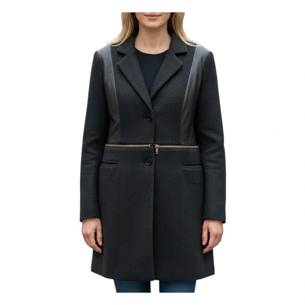 Yigal Azrouë Cut25  Coat Wool Blend‎ Leather Unzip For Crop  Womens Sz 4