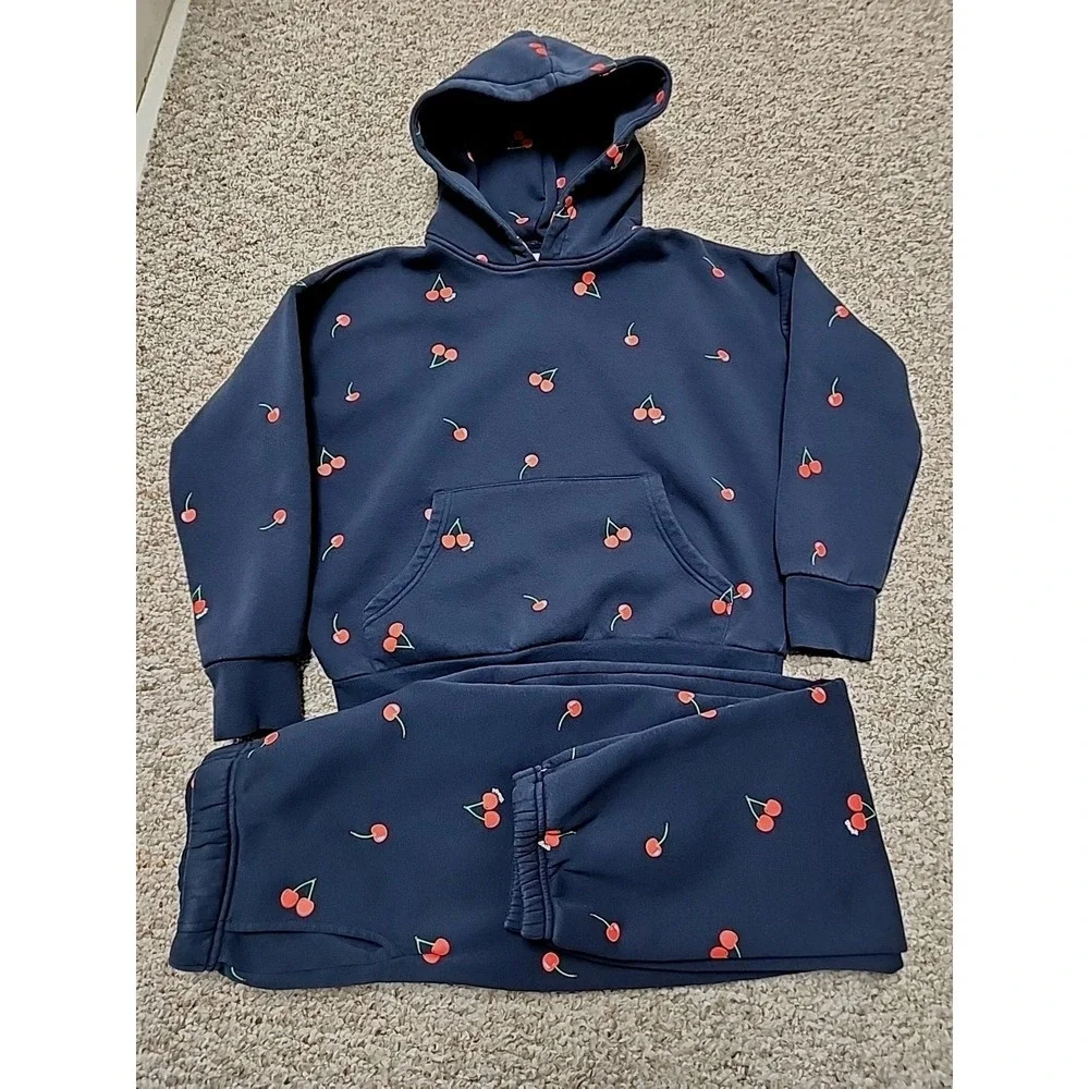 Starfit‎ Navy Blue Cherry Print Matching Set XS Cotton Blend Hoodie Joggers