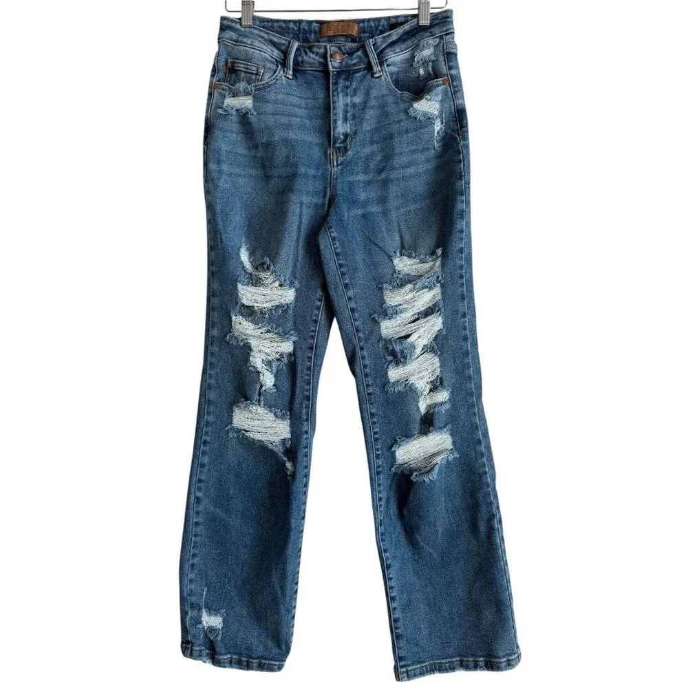 Judy Blue Jeans Women’s 7/28 Straight Fit Mid Rise Distressed Stretch‎ Denim