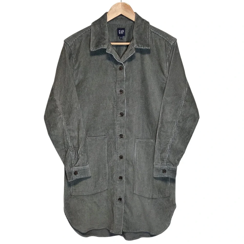Gap Womens‎ Corduroy Shirt Dress Oversized Gray Green XS Soft Longline Pockets