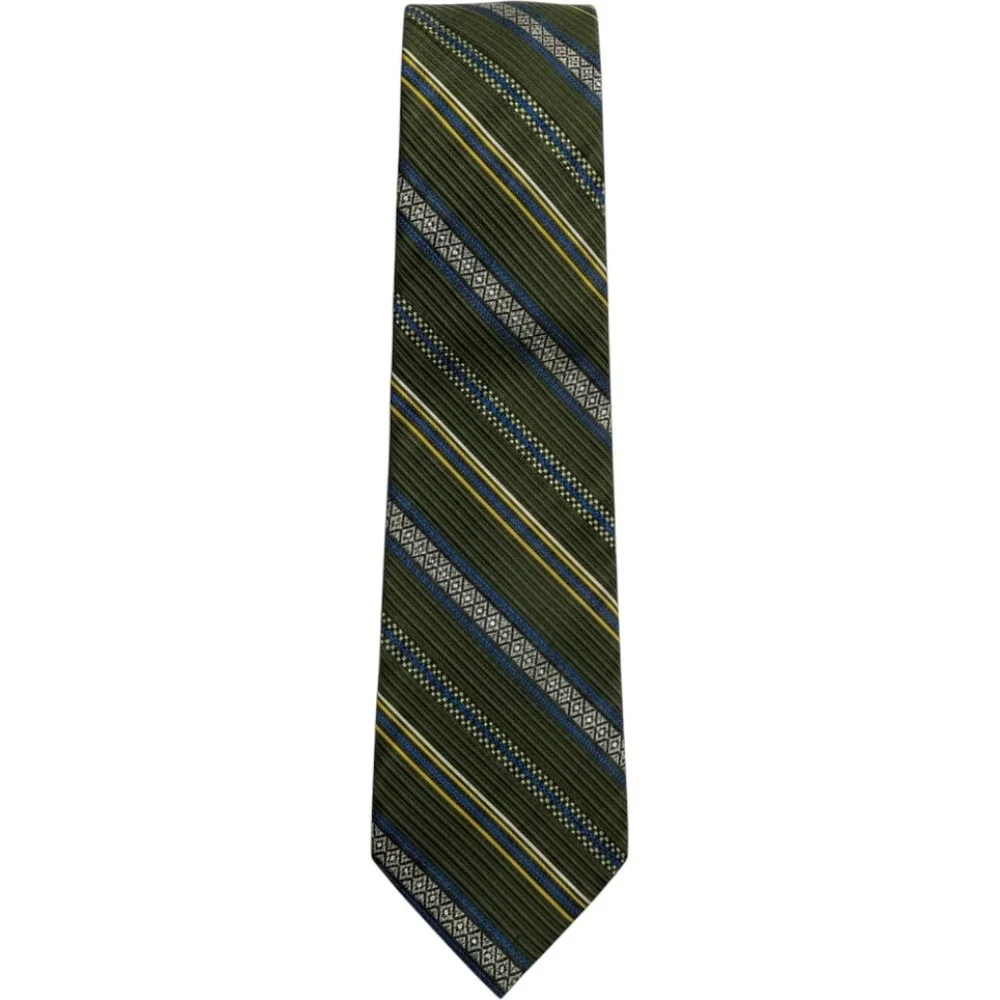 Vintage Made in France Mens Olive Green Striped Geometric Ribbed Tie RN 16484