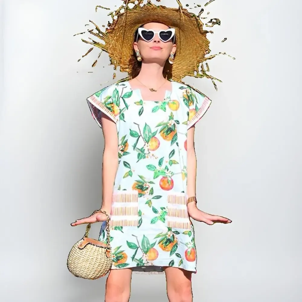Brooke Wright Citrus Orange Print Shift Dress Size Large Cotton Pockets Resort