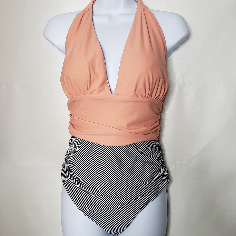 Cupshe Swimsuit One Piece Peach Black White Pinstripe Women's Medium 6/8 NWT
