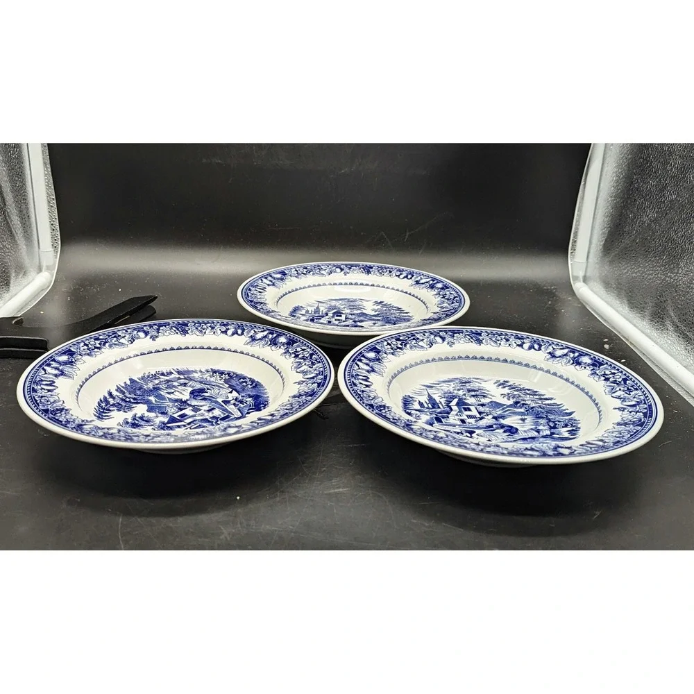 Italian Porcelain Blue & White Transfer Rim Soup Bowls Village Scene Set/3 Italy