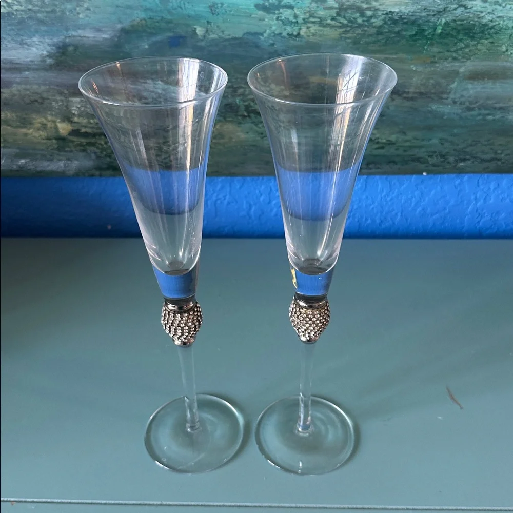 2 Elegant Glass Champagne Flutes with Silver Crystal  Accents