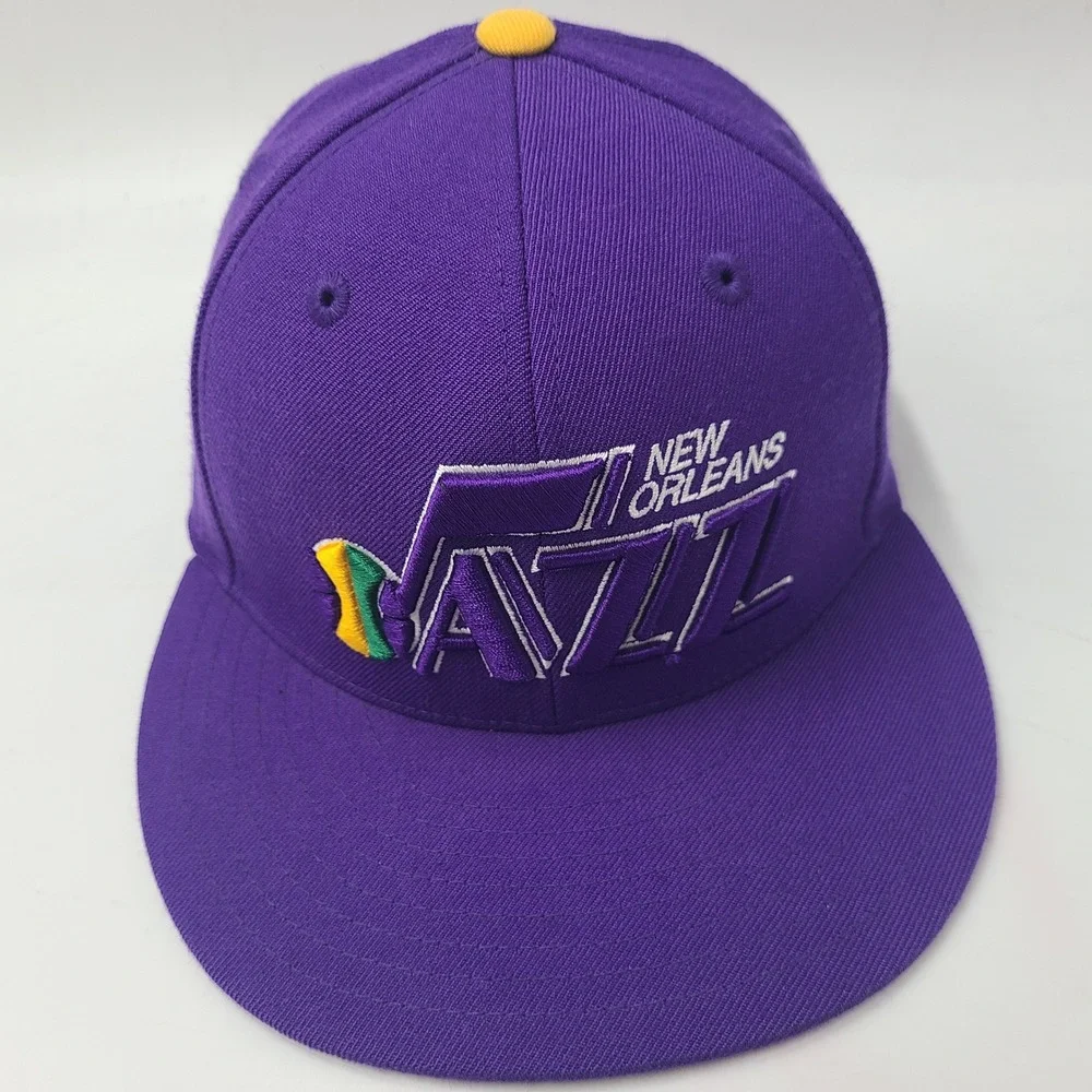 New Orleans Jazz Hat Fitted 7 Mitchell &‎ Ness Purple Yellow NBA Logo Wool Men