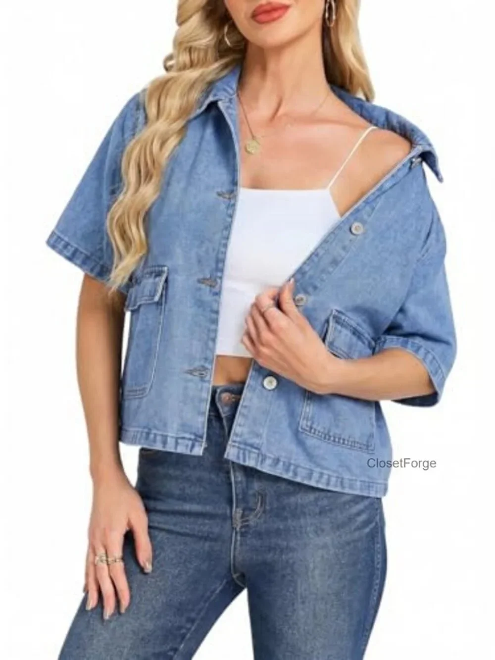 Short Sleeve Crop Denim Jacket Boxy Fit Collared Button Down With Pockets
