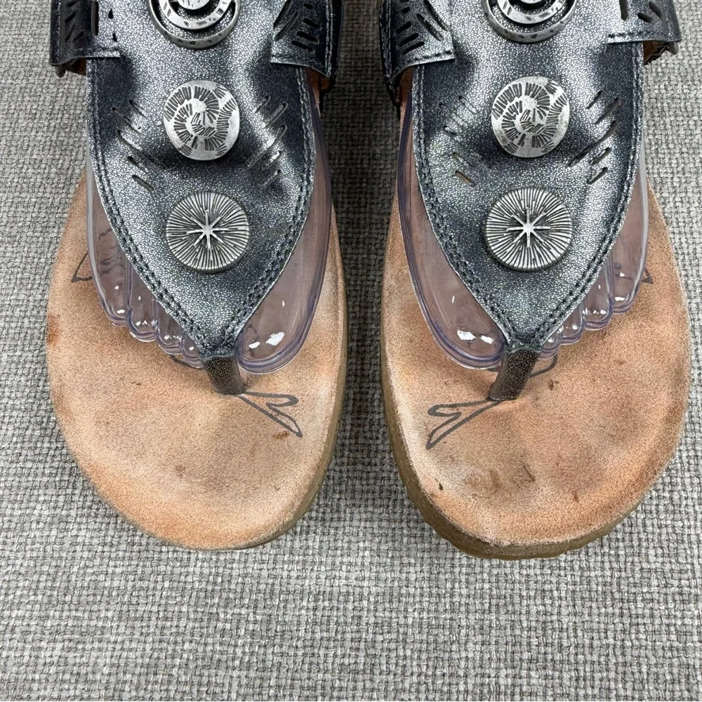 Josef Seibel Gray Silver Metallic Leather Thong Comfort Sandals Size 40 9.5