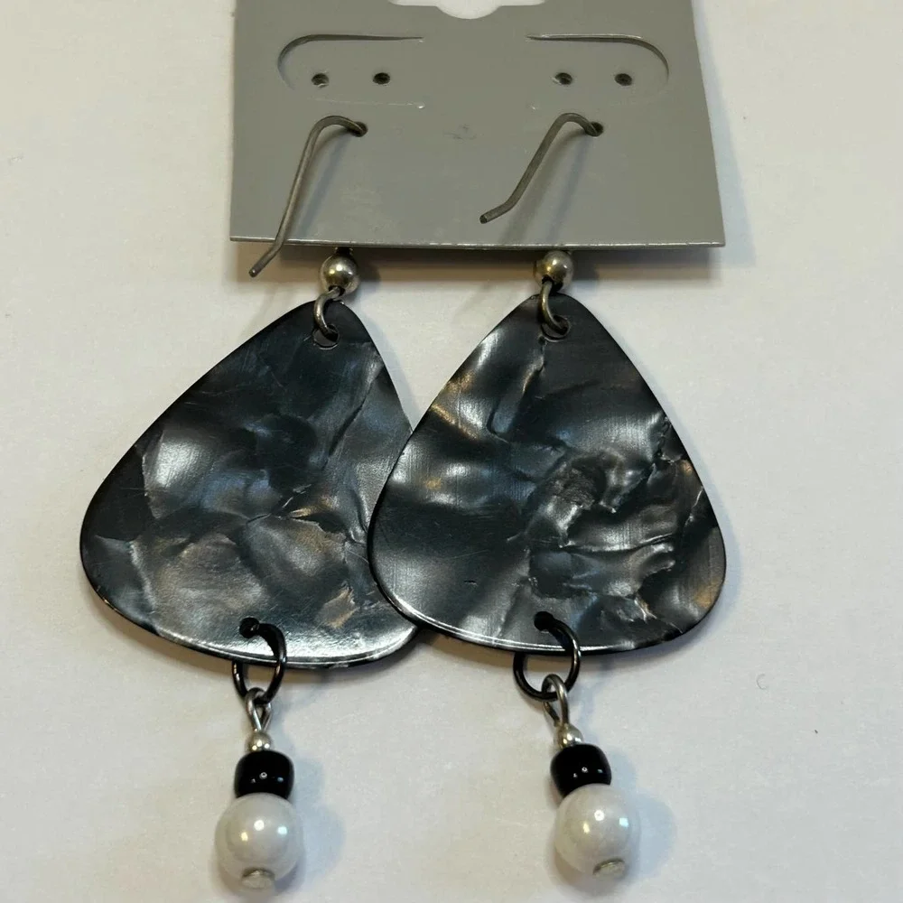Black and Gray‎ Pearlescent Guitar Pick Earrings Handmade New