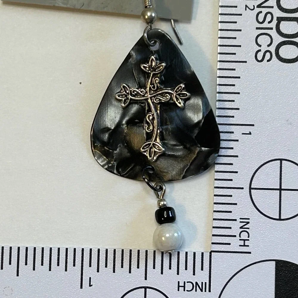 Black and Gray‎ Pearlescent Guitar Pick Earrings Handmade New