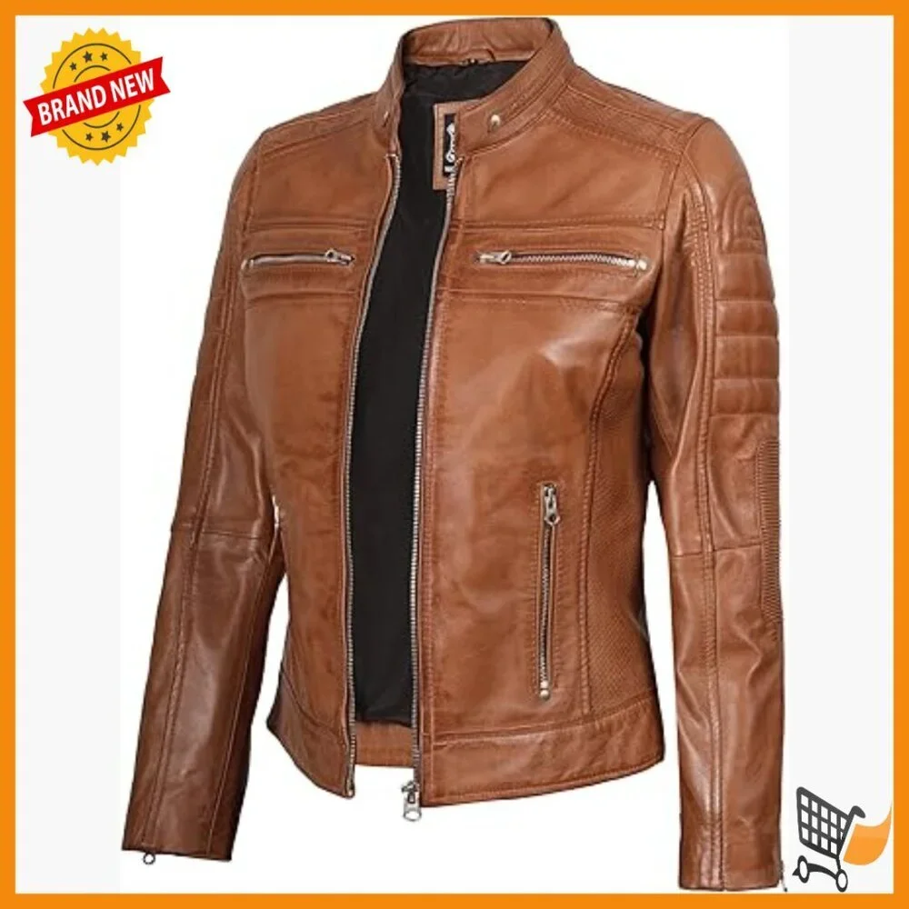 Lambskin Leather Jacket Women's Cafe Racer Slim Fit Stand Collar