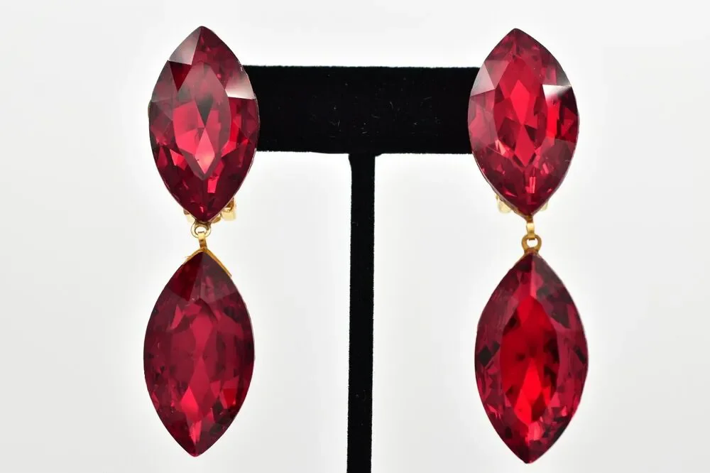 Vintage Red Crystal Clip On Earrings Drop Dangle Chunky Sparkling 1980s BinBK