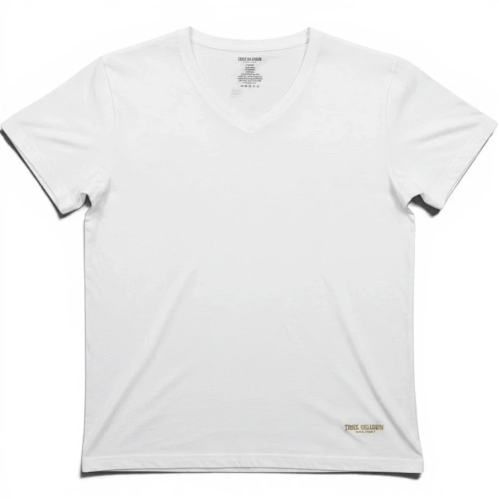 True Religion Mens V-Neck T-Shirt Large White Gold Foil Logo Cotton Tee