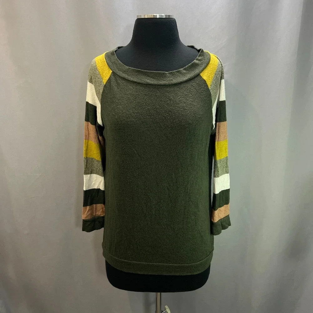 Market & Spruce Sweater Womens Small Olive Green Striped Raglan Sleeve Boat Neck