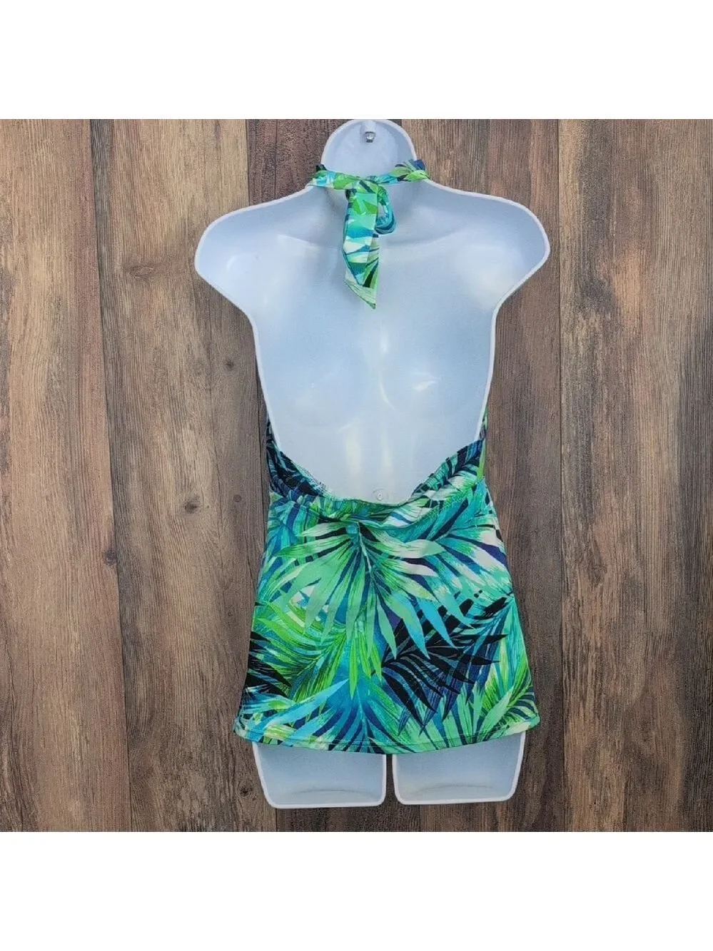 Caribbean Joe Blue and Green Leaf Print Tankini Swim Top 14      -628E