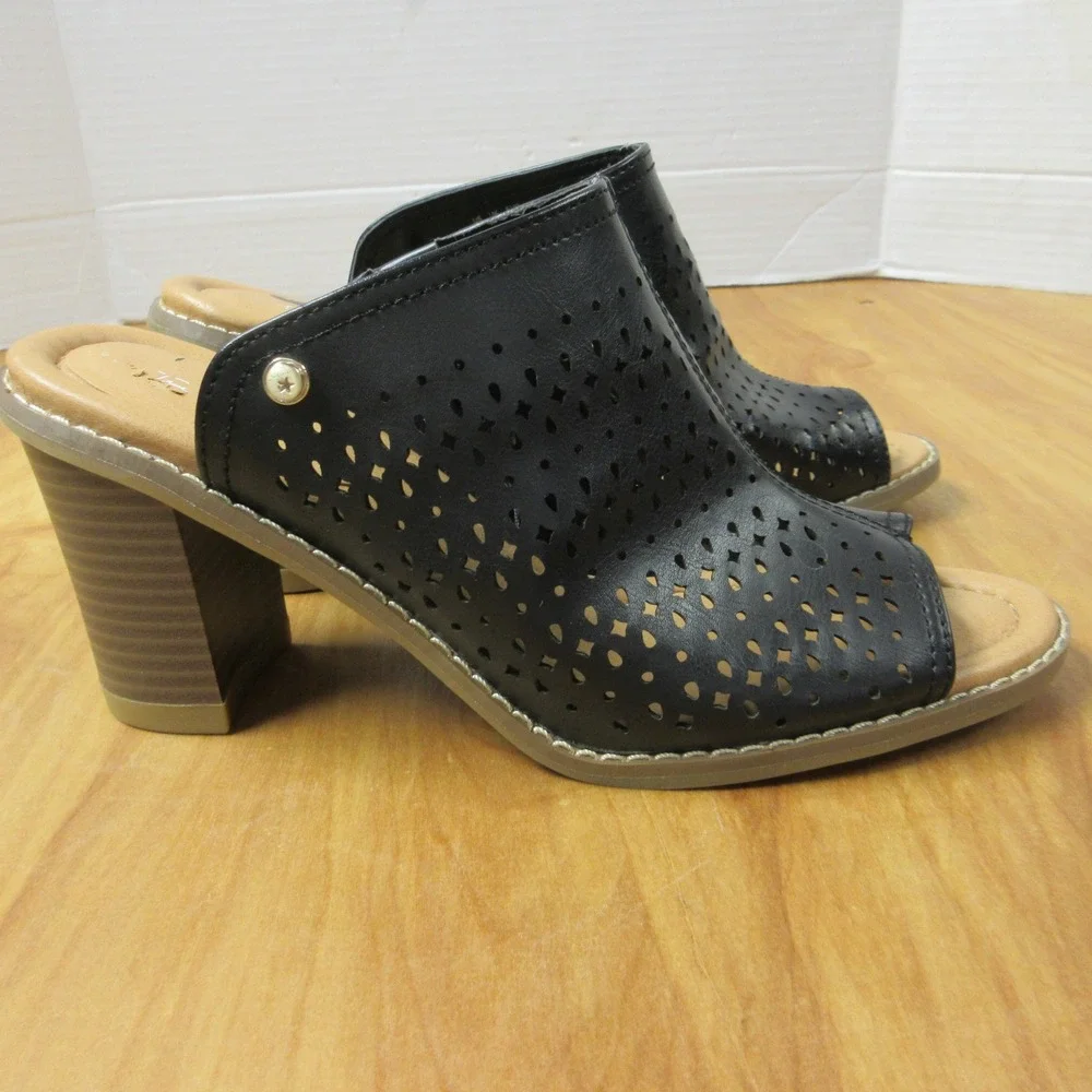 DR. SCHOLLS Promise Peep Toe Mule Block Heel Sandals Sz 8 Black Shoes NEW + FLAW