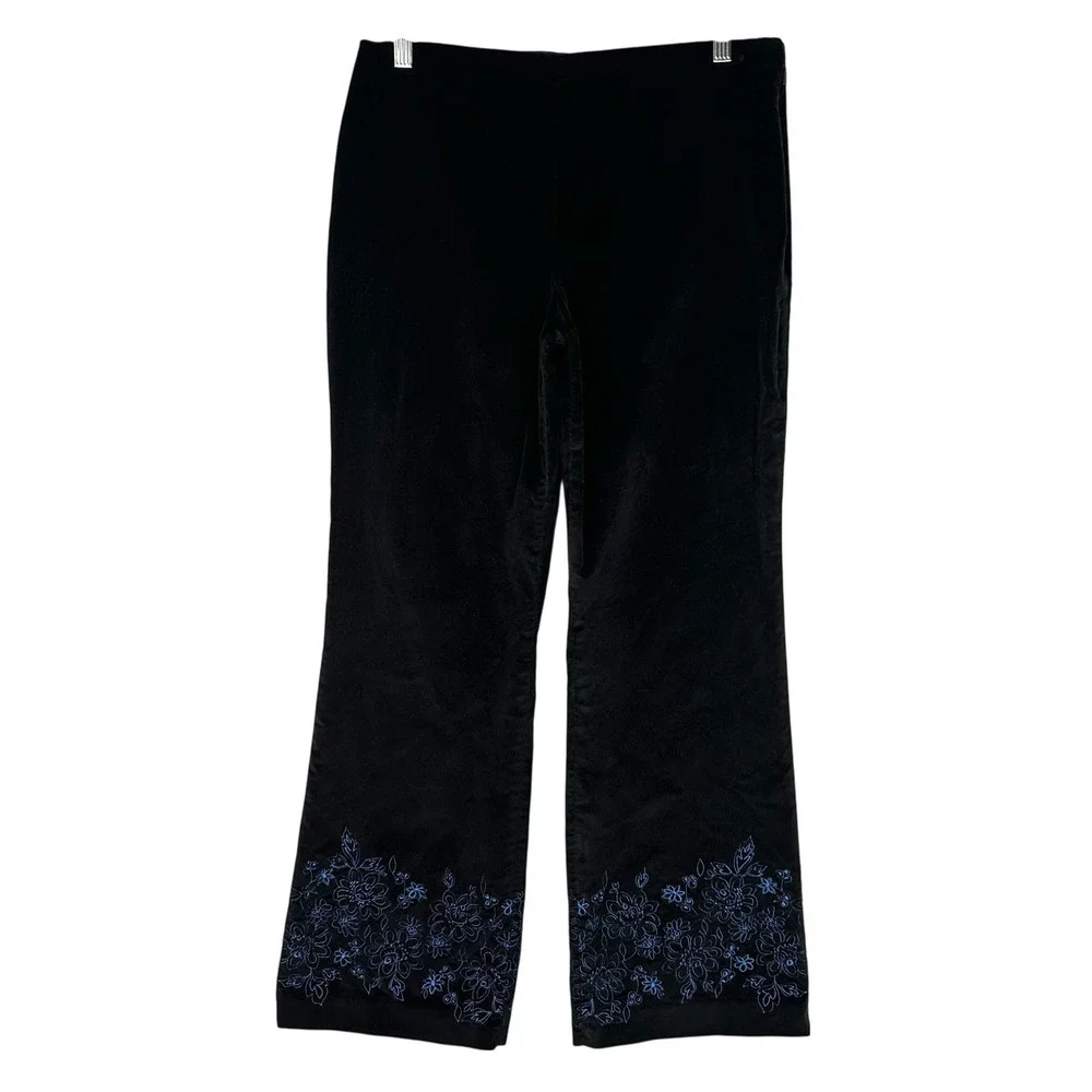 Sigrid Olsen Sport Black Velvet Pants Wide Leg Floral Embroidery Hem Petite‎ 8P