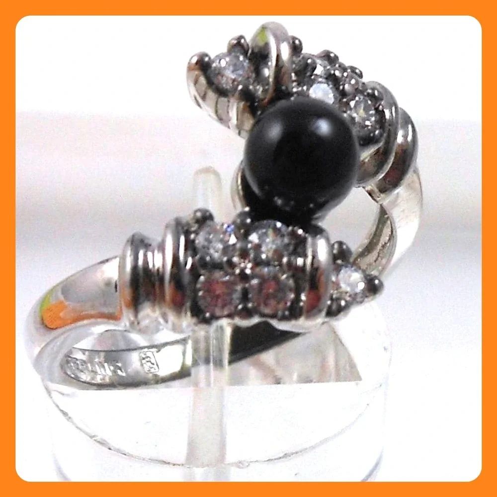 Vintage 90s Black Onyx Bead Bypass Ring 925 Sterling Silver CZ‎ Size 8 15mm Wide