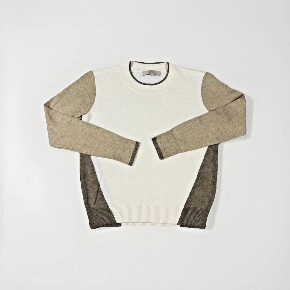 LOFT Colorblock Sweater Womens Small Petite White Tan Brown Crew Neck Knit