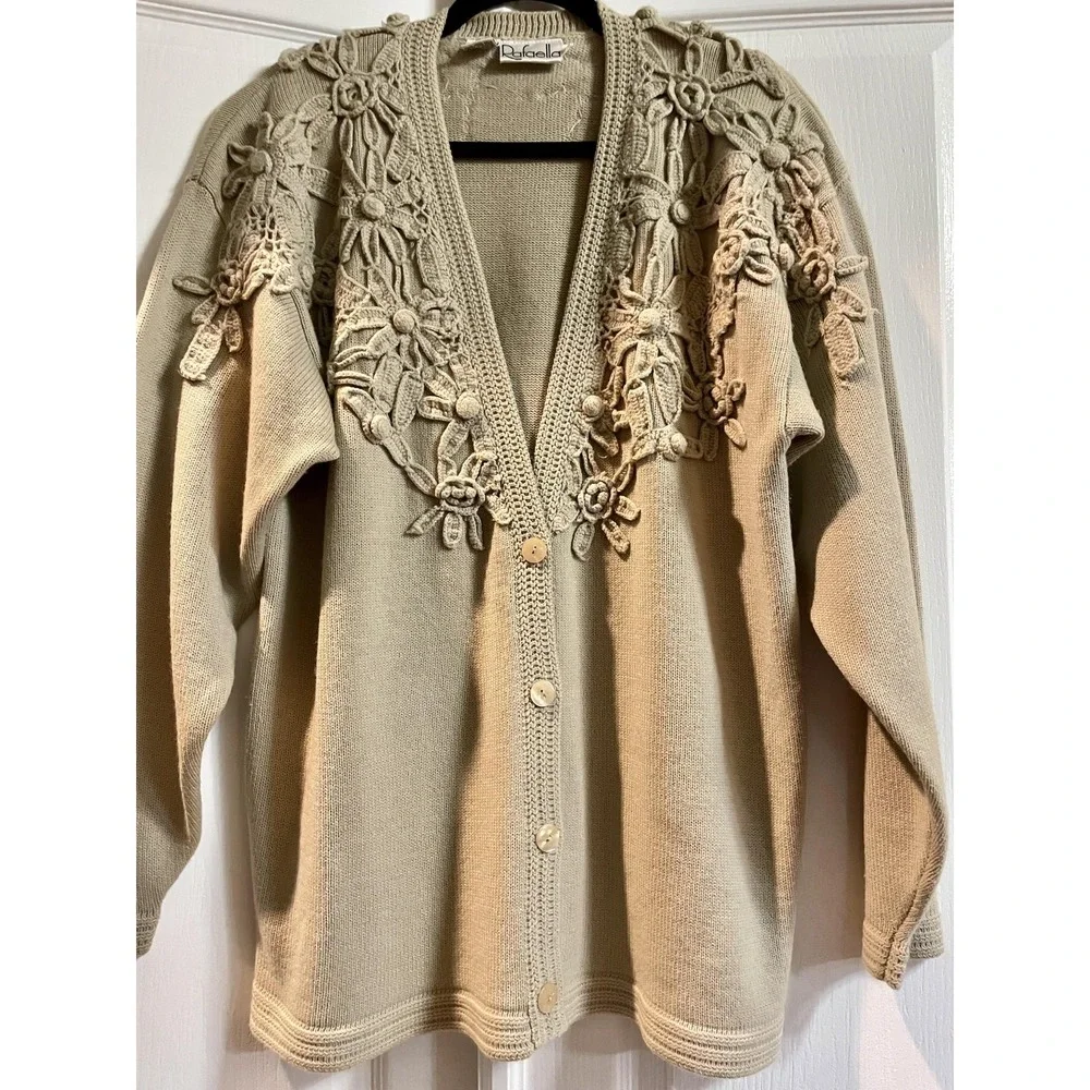 Vintage Rafaella Cardigan‎ Sweater Womens Large Beige Wool Crochet Floral 80s
