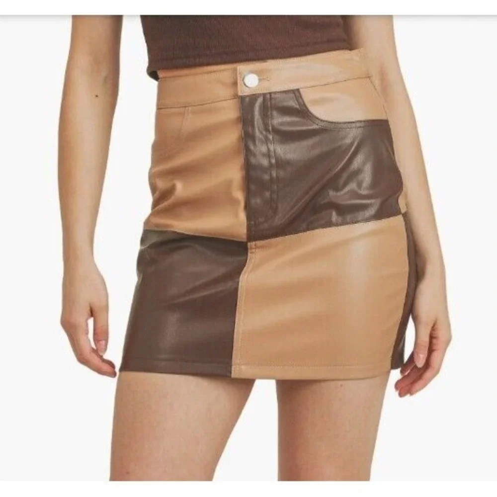 All in Favor Faux Leather Mini Skirt Womens S‎ Color Block Tan Cocoa Patchwork