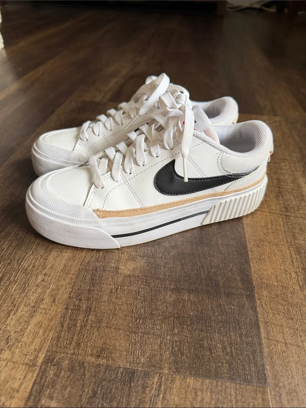 Nike Court Legacy Lift Sneakers in White with Black Swoosh and Tan Accent